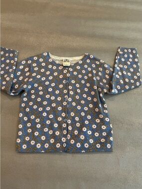 Bonton Blue Floral Knit Cardigan with White & Tan Flowers. Size 4